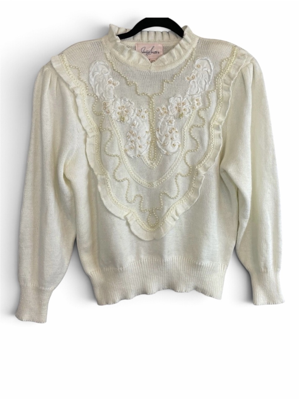 Vintage Jaclyn Smith Beaded Pearls Coquette Fairy Core Sweater Vanilla Crm Sz L